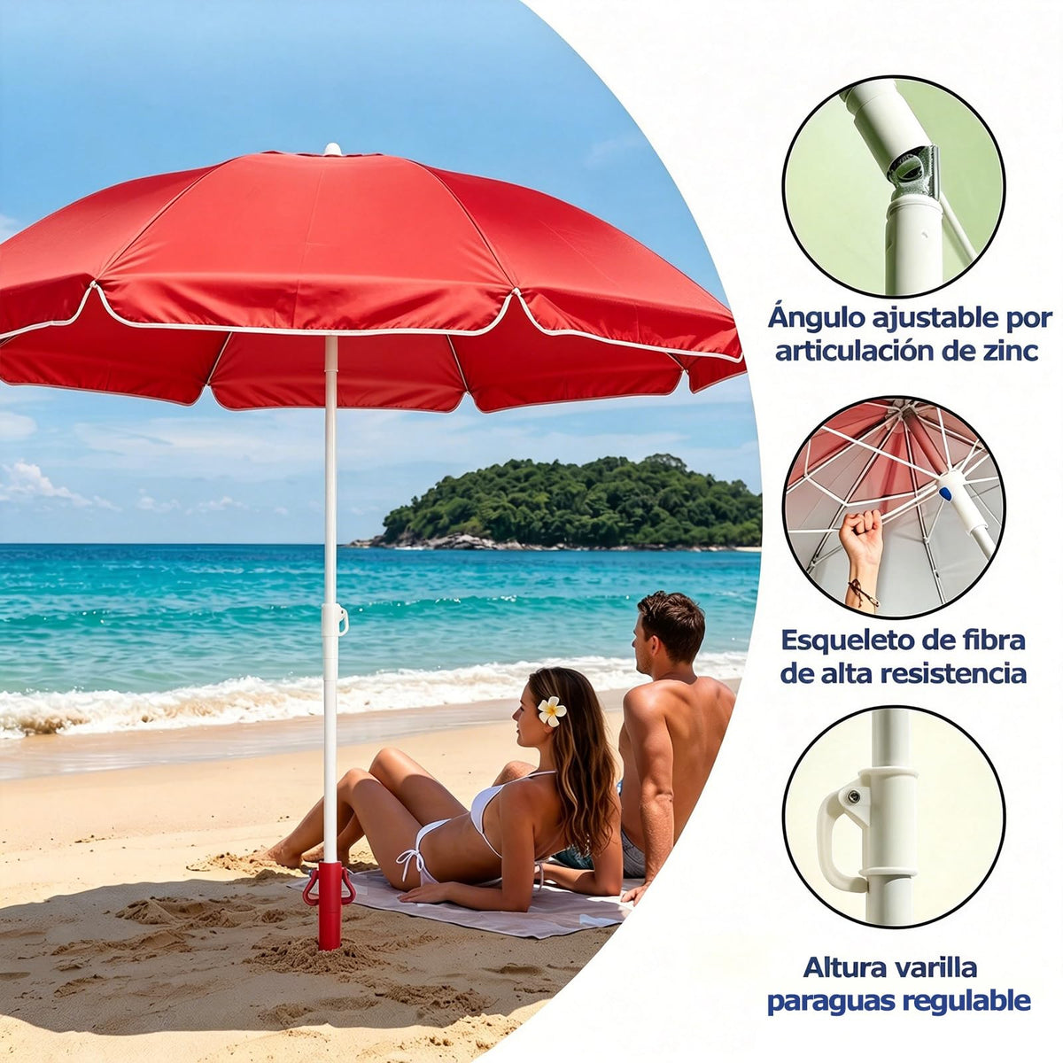 Sombrilla Playa, Protección UV+50, Sombrilla Antiviento, Soporte Metálico