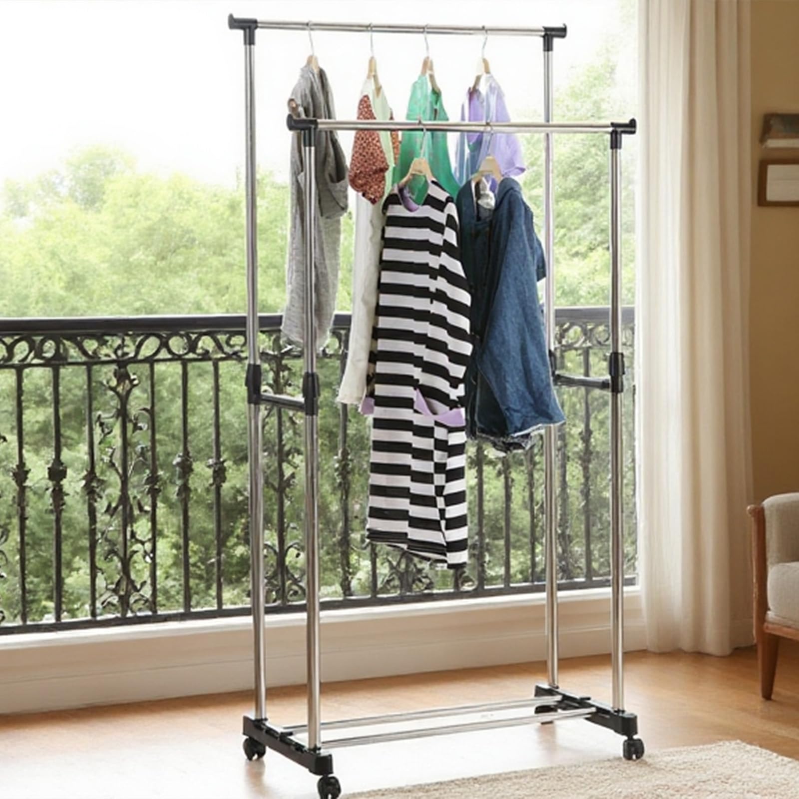 DECODEKO Perchero Burro Ropa con Ruedas, Material Acero Inoxidable, con Soporte para Zapatos, Fácil de Montar, Capacidad de carga máxima de 15 kg