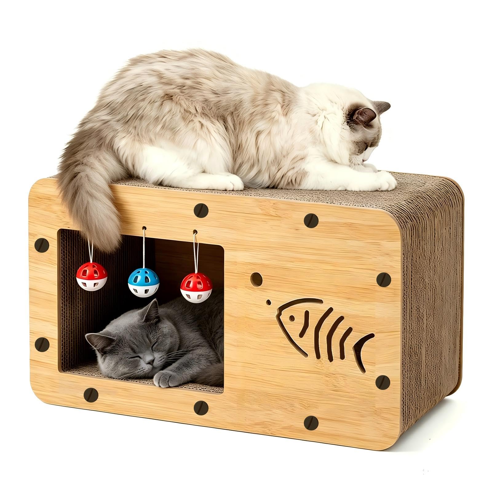Rascador para Gatos de Cartón, Casa para Gatos Cartón Grande Doble Capa, Resistente y Multifuncional para Rascar, Descansar y Esconderse, Protege los Muebles