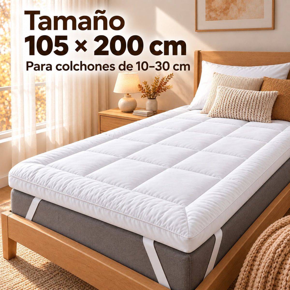 Protector de Colchón Grueso y Cálido, Cubrecolchón Extra Suave para Otoño e Invierno, Sobrecolchón Confortable Acolchado, Topper de Colchón Transpirable con Relleno Alternativo de Plumón 1200 g, Correas Elásticas