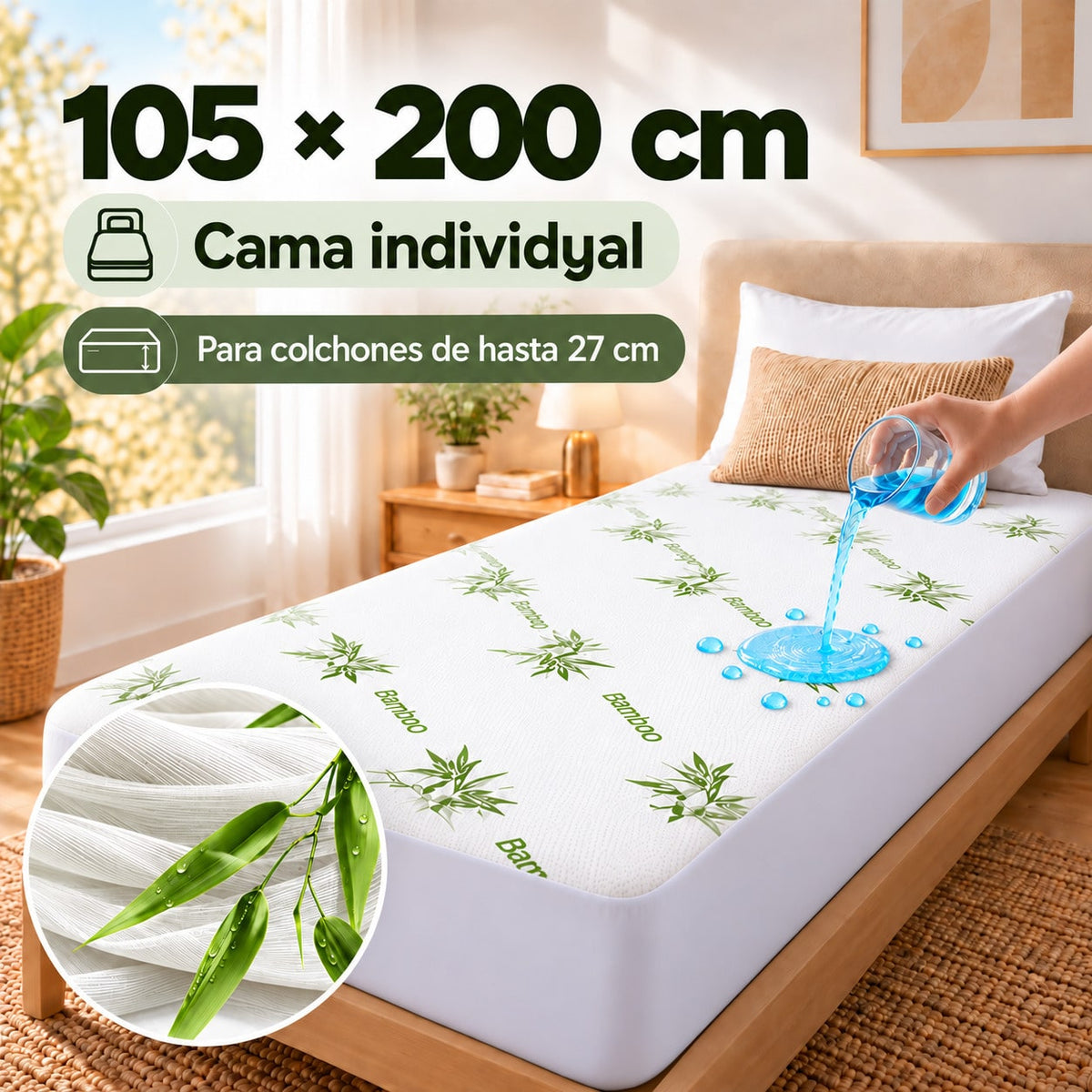 Protector de Colchón Impermeable de Fibra de Bambú, Transpirable y Suave, Sábana Bajera Ajustable 360°, Funda de Colchón para Cama 90/105/135/150/180x200 cm, Cubrecolchón Silencioso para Colchones de hasta 27 cm, Sábanas de Cama
