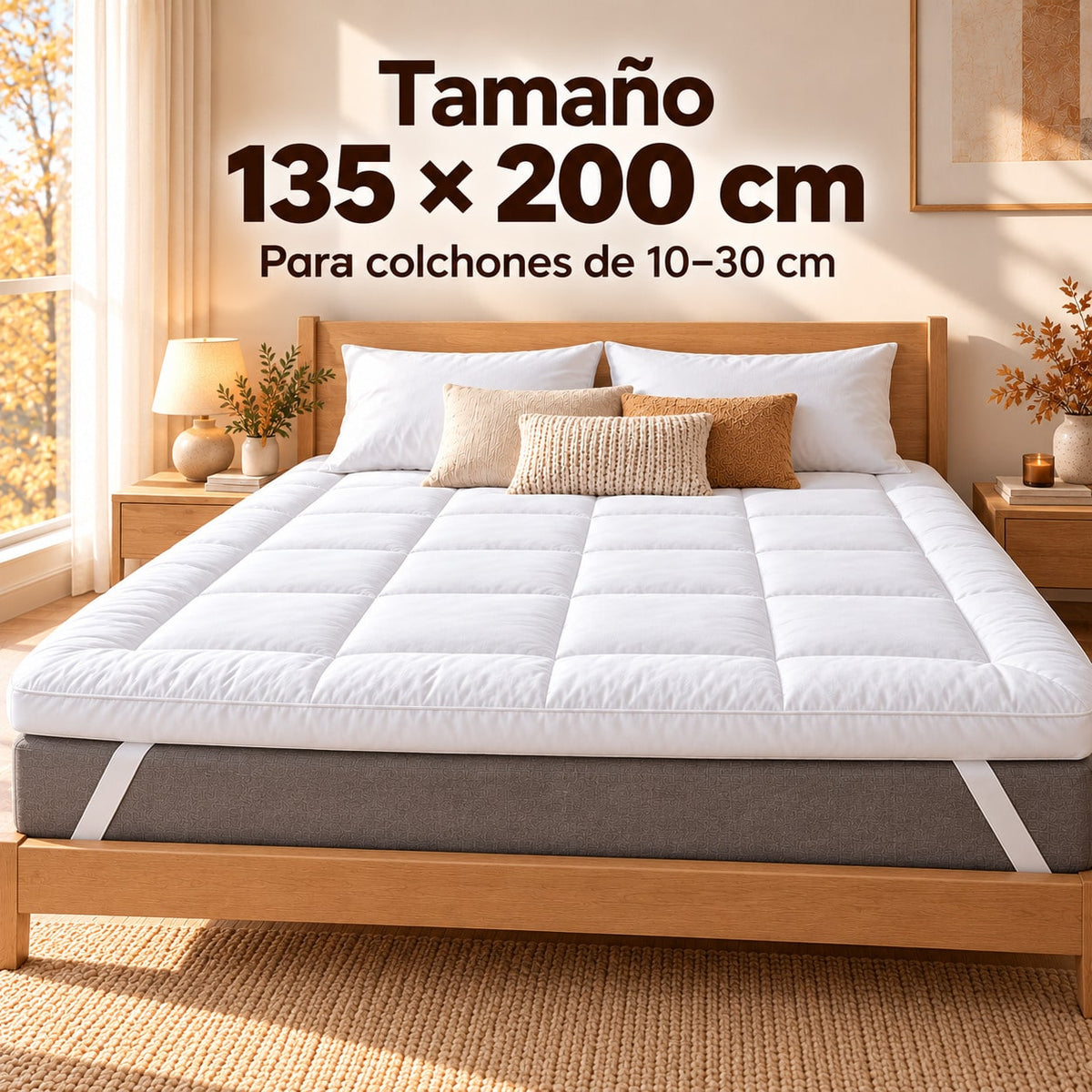 Protector de Colchón Grueso y Cálido, Cubrecolchón Extra Suave para Otoño e Invierno, Sobrecolchón Confortable Acolchado, Topper de Colchón Transpirable con Relleno Alternativo de Plumón 1200 g, Correas Elásticas