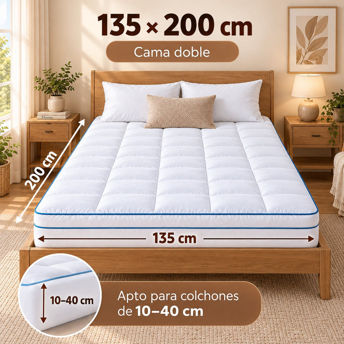 Protector de Colchón Acolchado y Engrosado, Topper para Colchón y Sobrecolchón 900 g, Cubrecolchón con Relleno Efecto Plumón, Transpirable, Mullido y Suave, Bolsillo Profundo y Borde Elástico 360°, para Colchones de 10–40 cm