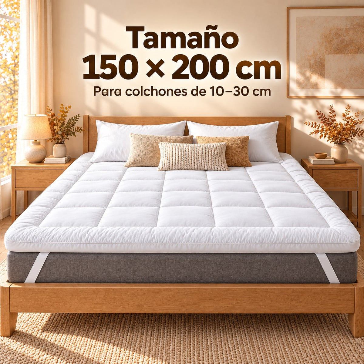 Protector de Colchón Grueso y Cálido, Cubrecolchón Extra Suave para Otoño e Invierno, Sobrecolchón Confortable Acolchado, Topper de Colchón Transpirable con Relleno Alternativo de Plumón 1200 g, Correas Elásticas