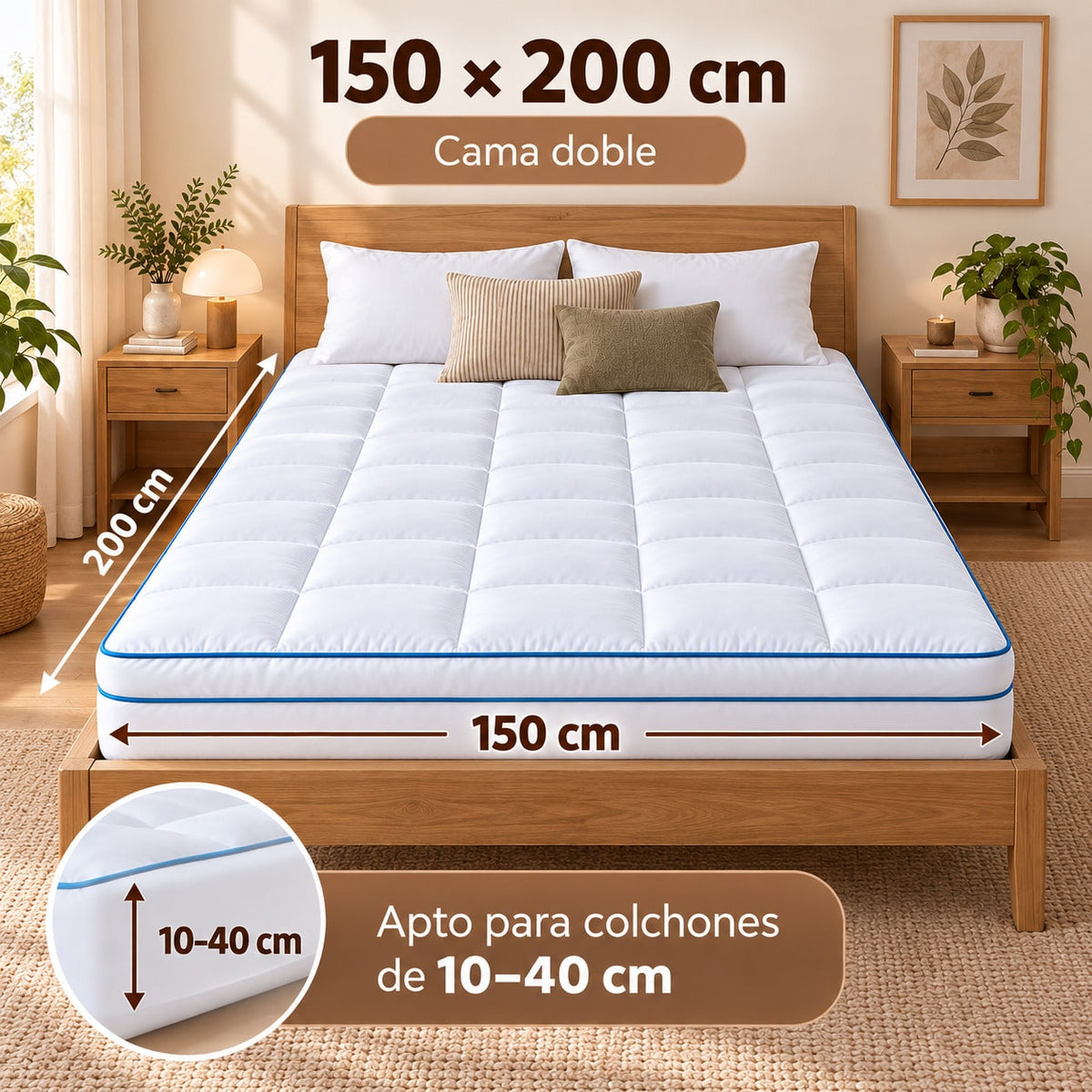 Protector de Colchón Acolchado y Engrosado, Topper para Colchón y Sobrecolchón 900 g, Cubrecolchón con Relleno Efecto Plumón, Transpirable, Mullido y Suave, Bolsillo Profundo y Borde Elástico 360°, para Colchones de 10–40 cm