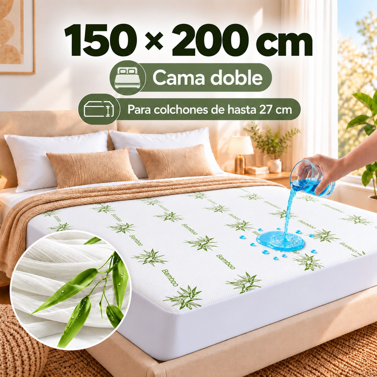 Protector de Colchón Impermeable de Fibra de Bambú, Transpirable y Suave, Sábana Bajera Ajustable 360°, Funda de Colchón para Cama 90/105/135/150/180x200 cm, Cubrecolchón Silencioso para Colchones de hasta 27 cm, Sábanas de Cama