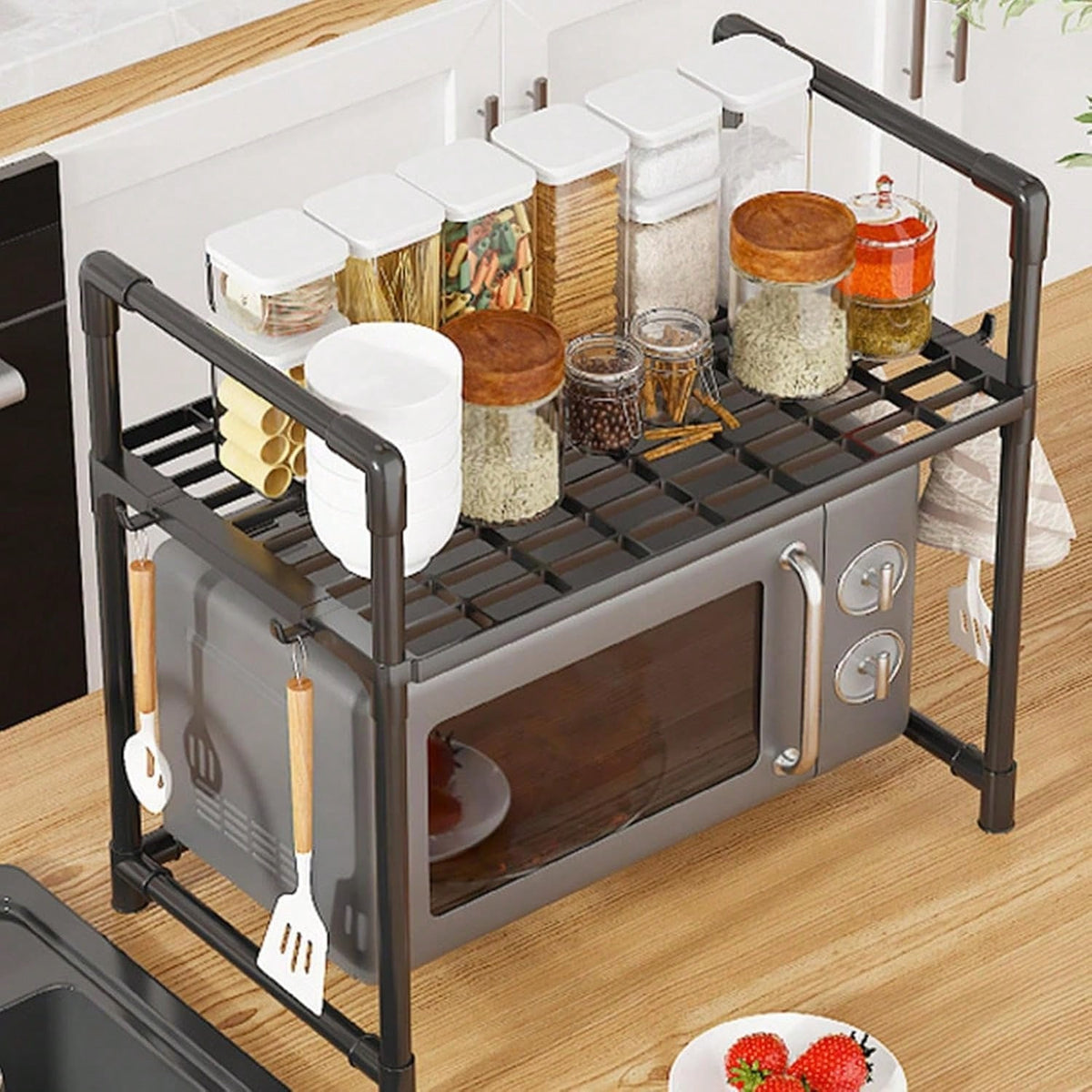 2/3 Niveles Soporte para microondas para encimera, Rejilla Para Horno Microondas Metal, Soporte Para Microondas Y Horno Cocina Con 4/8 Ganchos, Tiendas de condimentos, Adecuado para cocinas (Blanco / Negro)