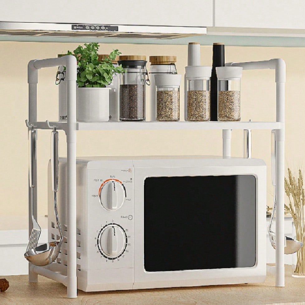 2/3 Niveles Soporte para microondas para encimera, Rejilla Para Horno Microondas Metal, Soporte Para Microondas Y Horno Cocina Con 4/8 Ganchos, Tiendas de condimentos, Adecuado para cocinas (Blanco / Negro)