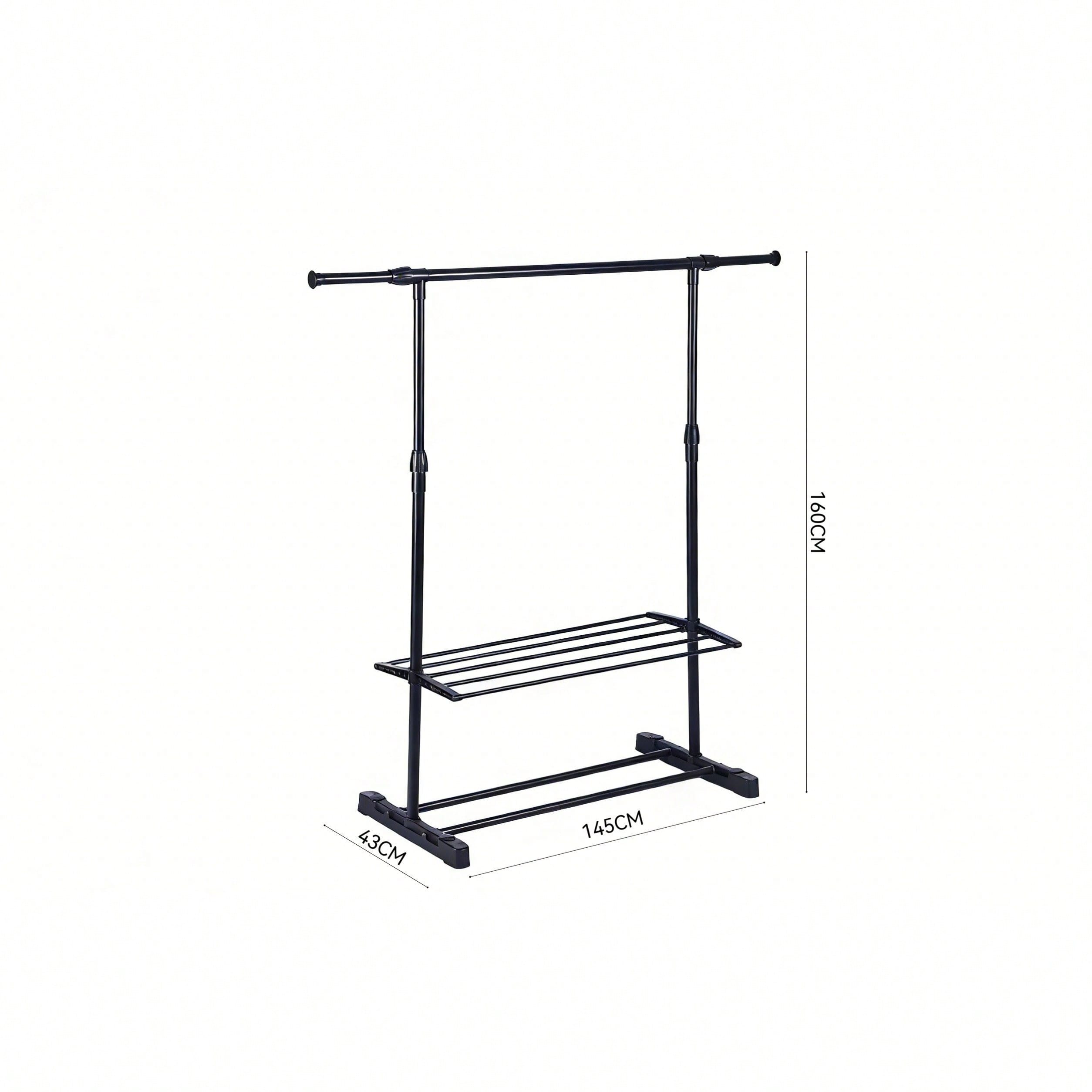 Perchero de pie extensible con doble barra y estantes para zapatos. Ajustable en altura (hasta 160cm) y ancho (hasta 145cm), ideal para dormitorio, salón y balcón. Almacenamiento multifuncional para ropa, calzado y accesorios.