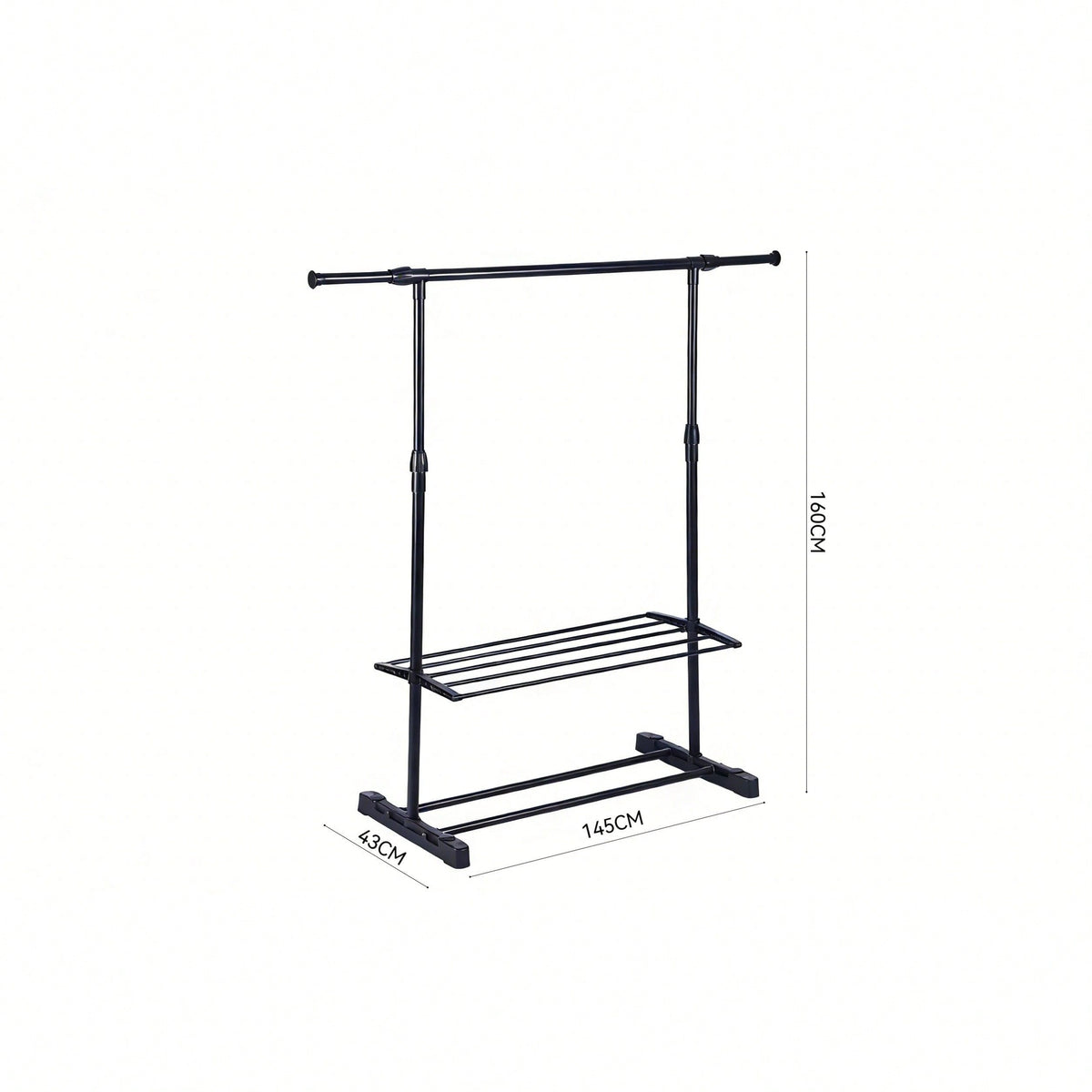 Perchero de pie extensible con doble barra y estantes para zapatos. Ajustable en altura (hasta 160cm) y ancho (hasta 145cm), ideal para dormitorio, salón y balcón. Almacenamiento multifuncional para ropa, calzado y accesorios.