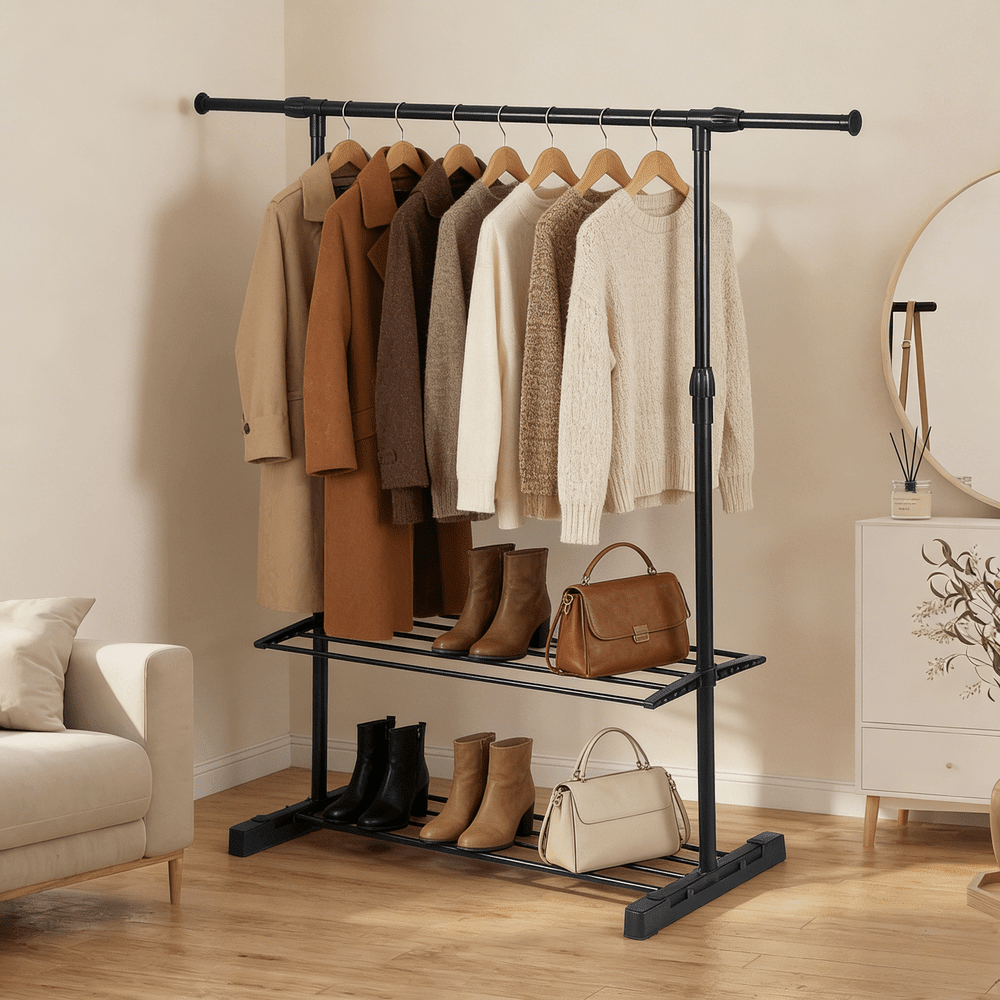 Perchero de pie extensible con doble barra y estantes para zapatos. Ajustable en altura (hasta 160cm) y ancho (hasta 145cm), ideal para dormitorio, salón y balcón. Almacenamiento multifuncional para ropa, calzado y accesorios.