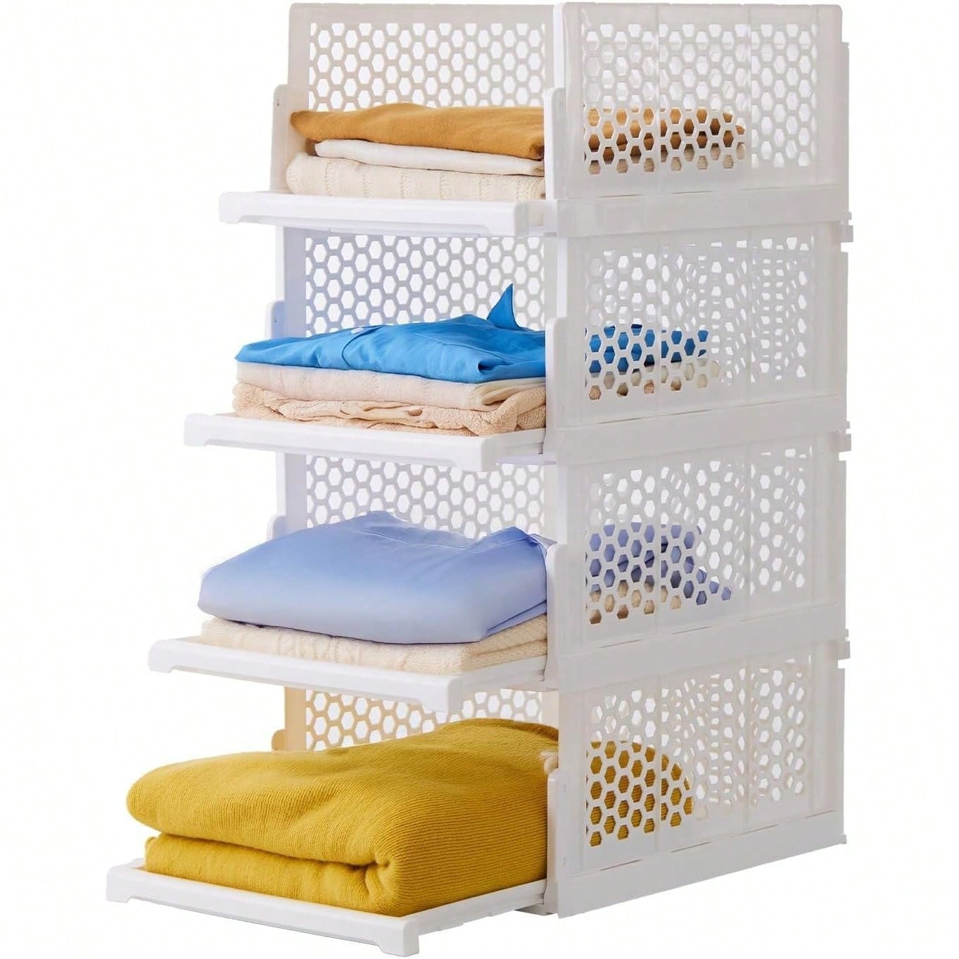 Organizador Armario Plegable 4 Unidades Cajas de Almacenaje Apilables con Separadores Extraíbles, Cestas y Cajoneras de Almacenamiento para Ropa, Organizadores de Armarios, Dormitorio, Baño, Cocina y Oficina, Contenedores de Plástico Bonitos y Resistentes