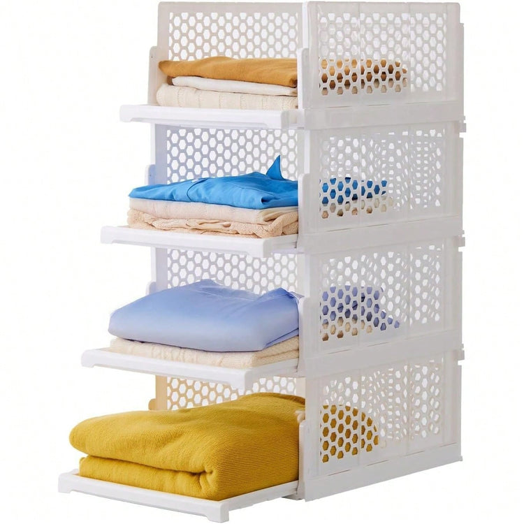 Organizador Armario Plegable 4 Unidades Cajas de Almacenaje Apilables con Separadores Extraíbles, Cestas y Cajoneras de Almacenamiento para Ropa, Organizadores de Armarios, Dormitorio, Baño, Cocina y Oficina, Contenedores de Plástico Bonitos y Resistentes
