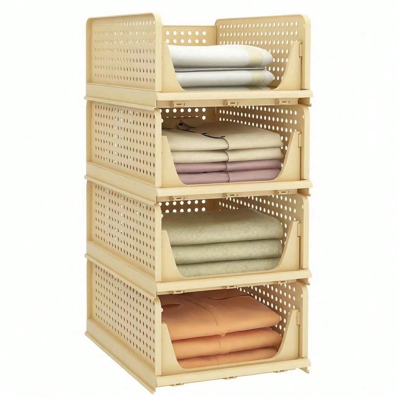 Organizador Armario Plegable 4 Unidades Cajas de Almacenaje Apilables con Separadores Extraíbles, Cestas y Cajoneras de Almacenamiento para Ropa, Organizadores de Armarios, Dormitorio, Baño, Cocina y Oficina, Contenedores de Plástico Bonitos y Resistentes