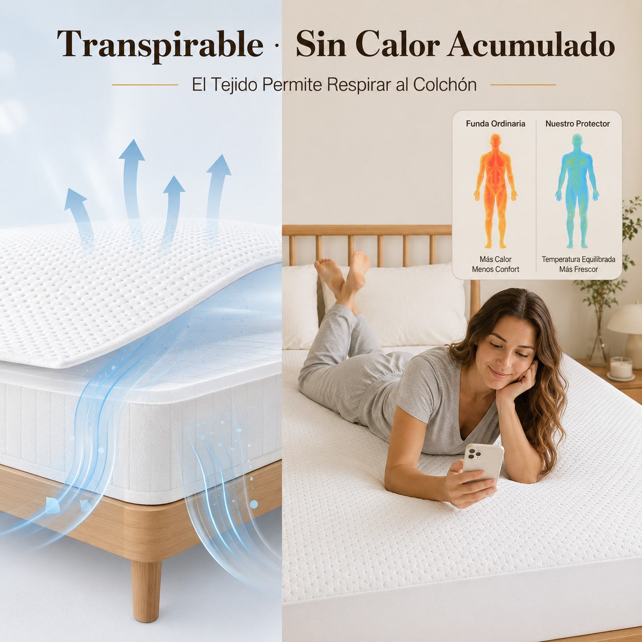Protector de colchón suave y transpirable, tipo sábana bajera con banda elástica 360° para ajuste perfecto, microfibra fresco que no retiene el calor, cómodo, lavable a máquina, para camas 90×200,105×200,135×200,150×200,180×200 cm