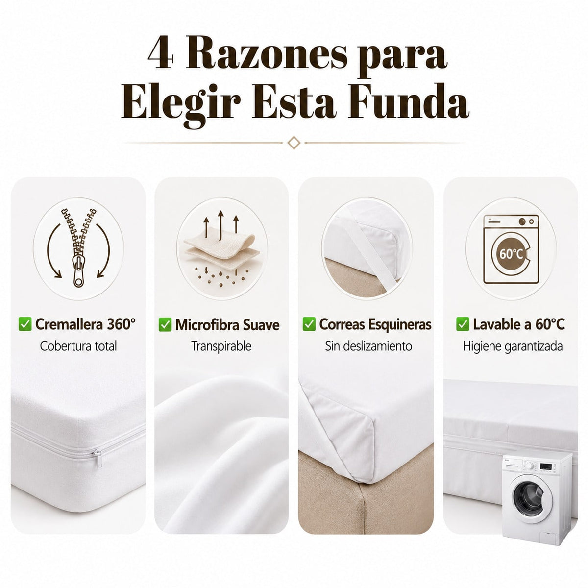 Funda Protector de Colchón Cremallera 360°, Funda Transpirable Suave de Microfibra con Cierre Lateral, Cubrecolchón Antideslizante con Correas Esquineras, Protege tu Colchón del Polvo, Manchas, Mascotas y Ácaros