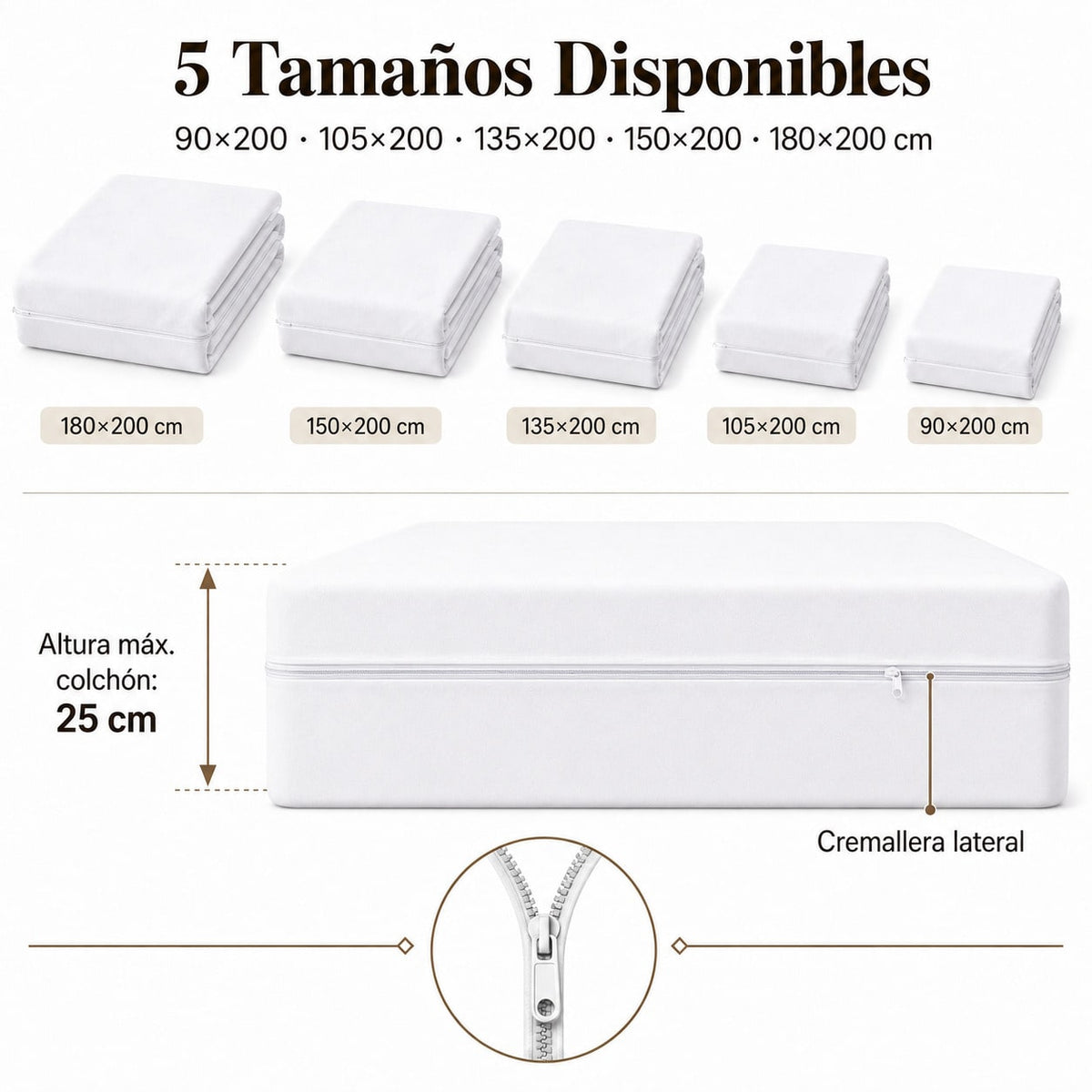 Funda Protector de Colchón Cremallera 360°, Funda Transpirable Suave de Microfibra con Cierre Lateral, Cubrecolchón Antideslizante con Correas Esquineras, Protege tu Colchón del Polvo, Manchas, Mascotas y Ácaros