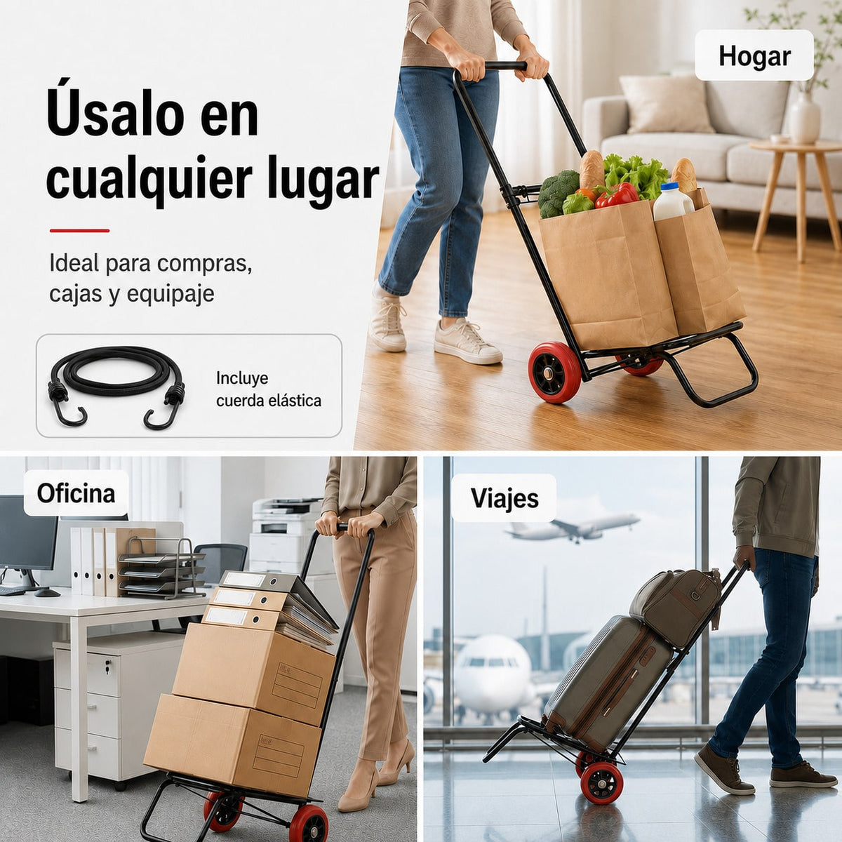 Carretilla Plegable de Mano 25/35 kg, Carro de Transporte Compacto con Ruedas de Goma y Cuerda Elástica, Ligera y Portátil, Carrito Plegable para Compras, Oficina, Viajes y Hogar