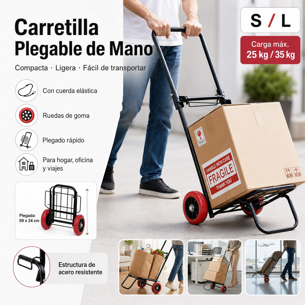 Carretilla Plegable de Mano 25/35 kg, Carro de Transporte Compacto con Ruedas de Goma y Cuerda Elástica, Ligera y Portátil, Carrito Plegable para Compras, Oficina, Viajes y Hogar