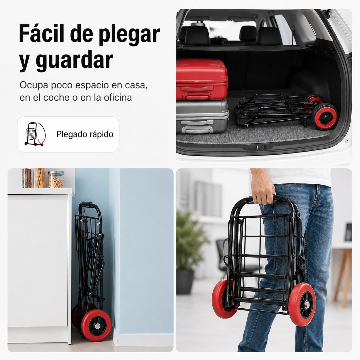 Carretilla Plegable de Mano 25/35 kg, Carro de Transporte Compacto con Ruedas de Goma y Cuerda Elástica, Ligera y Portátil, Carrito Plegable para Compras, Oficina, Viajes y Hogar