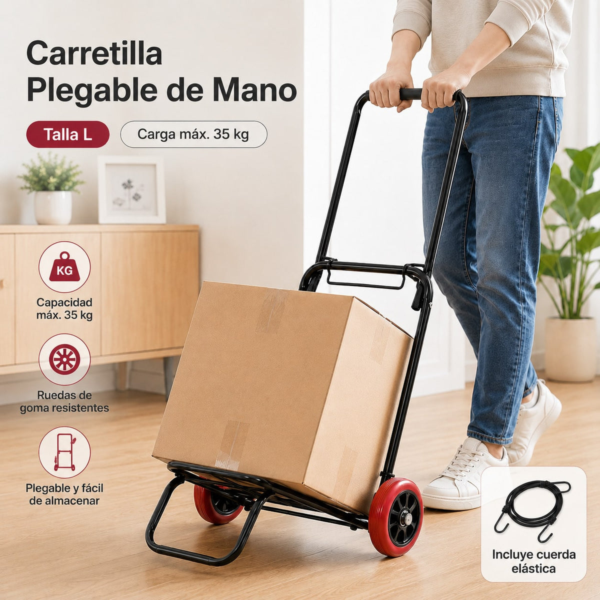 Carretilla Plegable de Mano 25/35 kg, Carro de Transporte Compacto con Ruedas de Goma y Cuerda Elástica, Ligera y Portátil, Carrito Plegable para Compras, Oficina, Viajes y Hogar