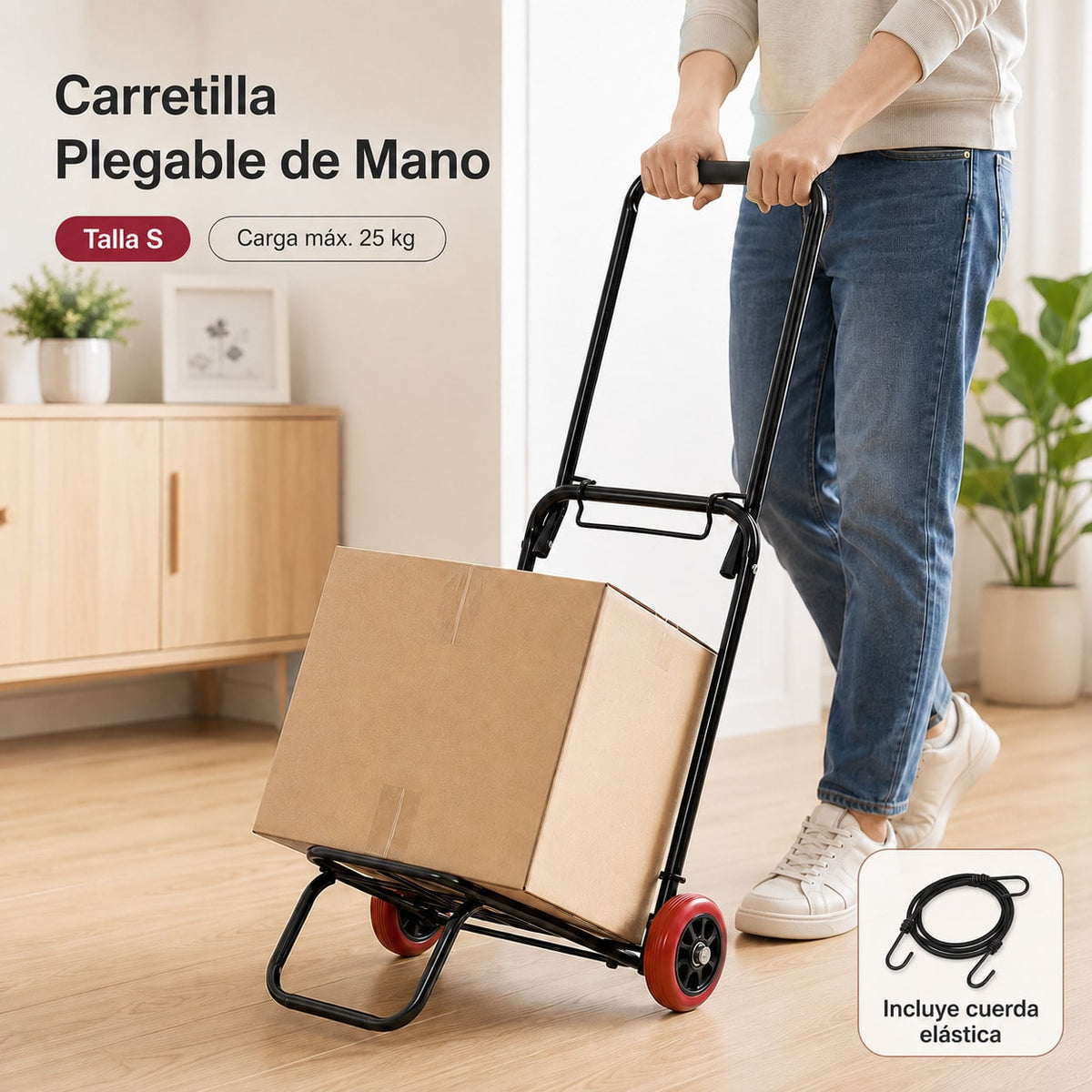 Carretilla Plegable de Mano 25/35 kg, Carro de Transporte Compacto con Ruedas de Goma y Cuerda Elástica, Ligera y Portátil, Carrito Plegable para Compras, Oficina, Viajes y Hogar