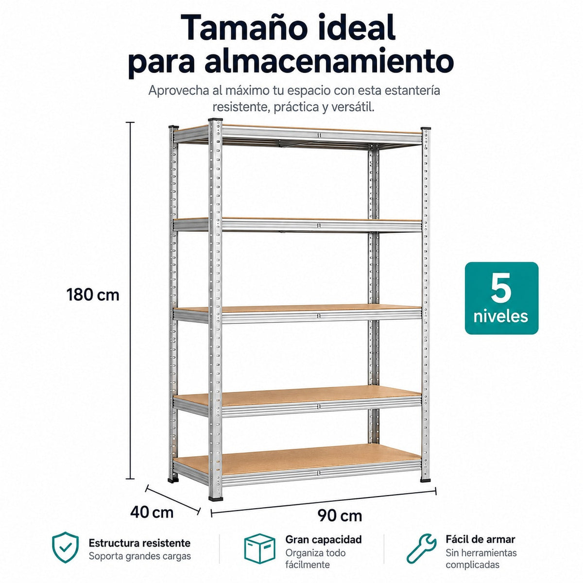DECODEKO Estantería Metálica, 5 Baldas MDF, Acero Galvanizado, 180x90x40cm, Modular y Ajustable, para Trastero y Garaje