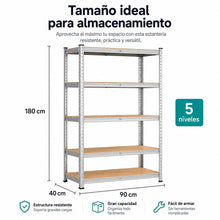 DECODEKO Estantería Metálica, 5 Baldas MDF, Acero Galvanizado, 180x90x40cm, Modular y Ajustable, para Trastero y Garaje