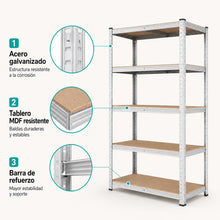 DECODEKO Estantería Metálica, 5 Baldas MDF, Acero Galvanizado, 180x90x40cm, Modular y Ajustable, para Trastero y Garaje