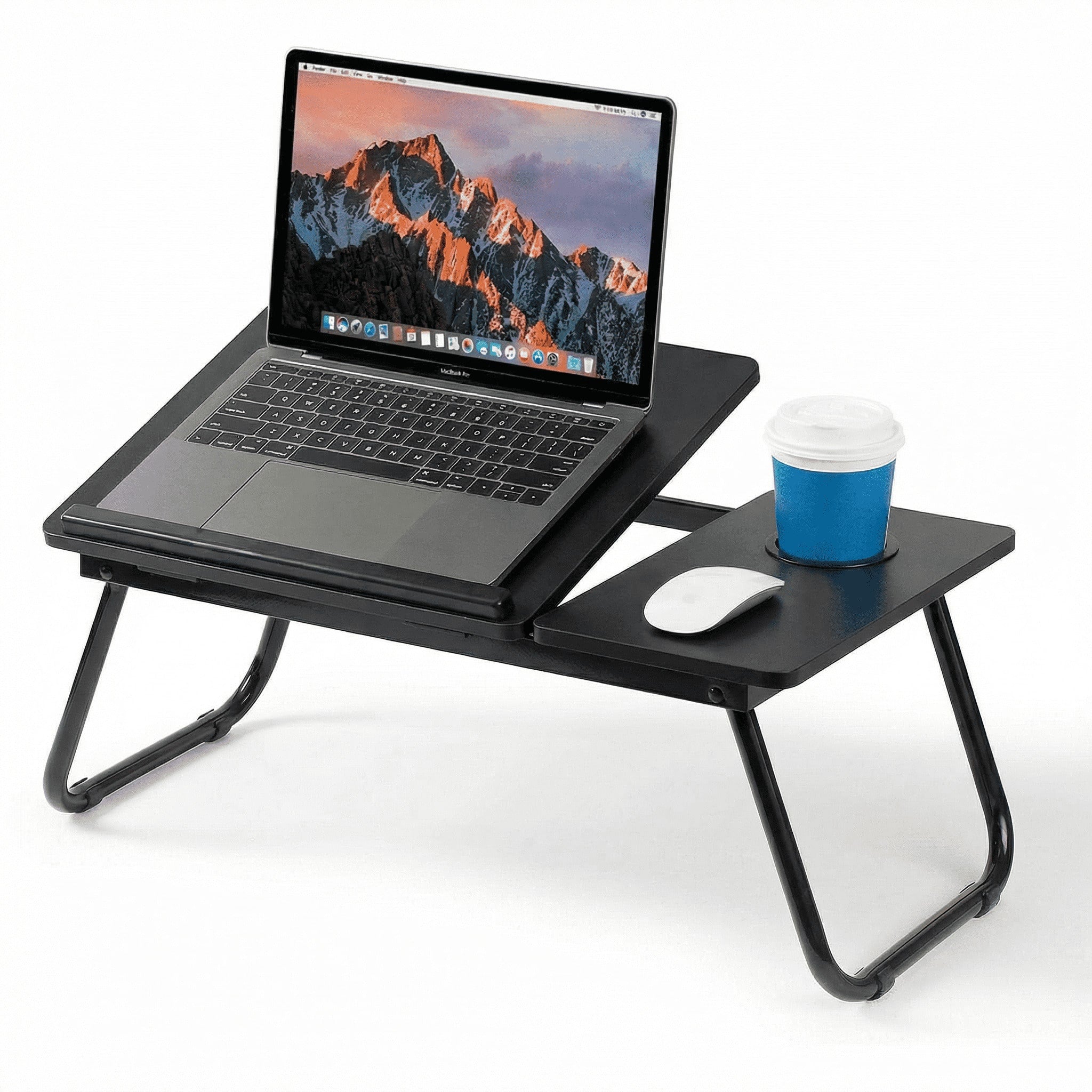 Mesa Plegable para Portátil con 5 Niveles de Inclinación Ajustable, Mesa para Cama y Sofá con Portavasos, Tope Antideslizante, Bandeja para Ratón, Escritorio Portátil Multifunción para Ordenador, Estudio, Trabajo, Lectura, Comer y Ver Series
