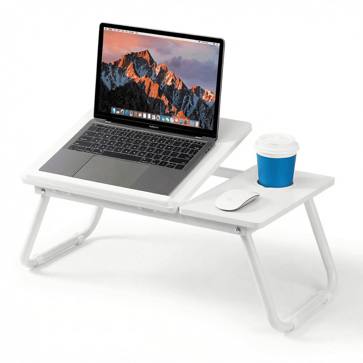 Mesa Plegable para Portátil con 5 Niveles de Inclinación Ajustable, Mesa para Cama y Sofá con Portavasos, Tope Antideslizante, Bandeja para Ratón, Escritorio Portátil Multifunción para Ordenador, Estudio, Trabajo, Lectura, Comer y Ver Series