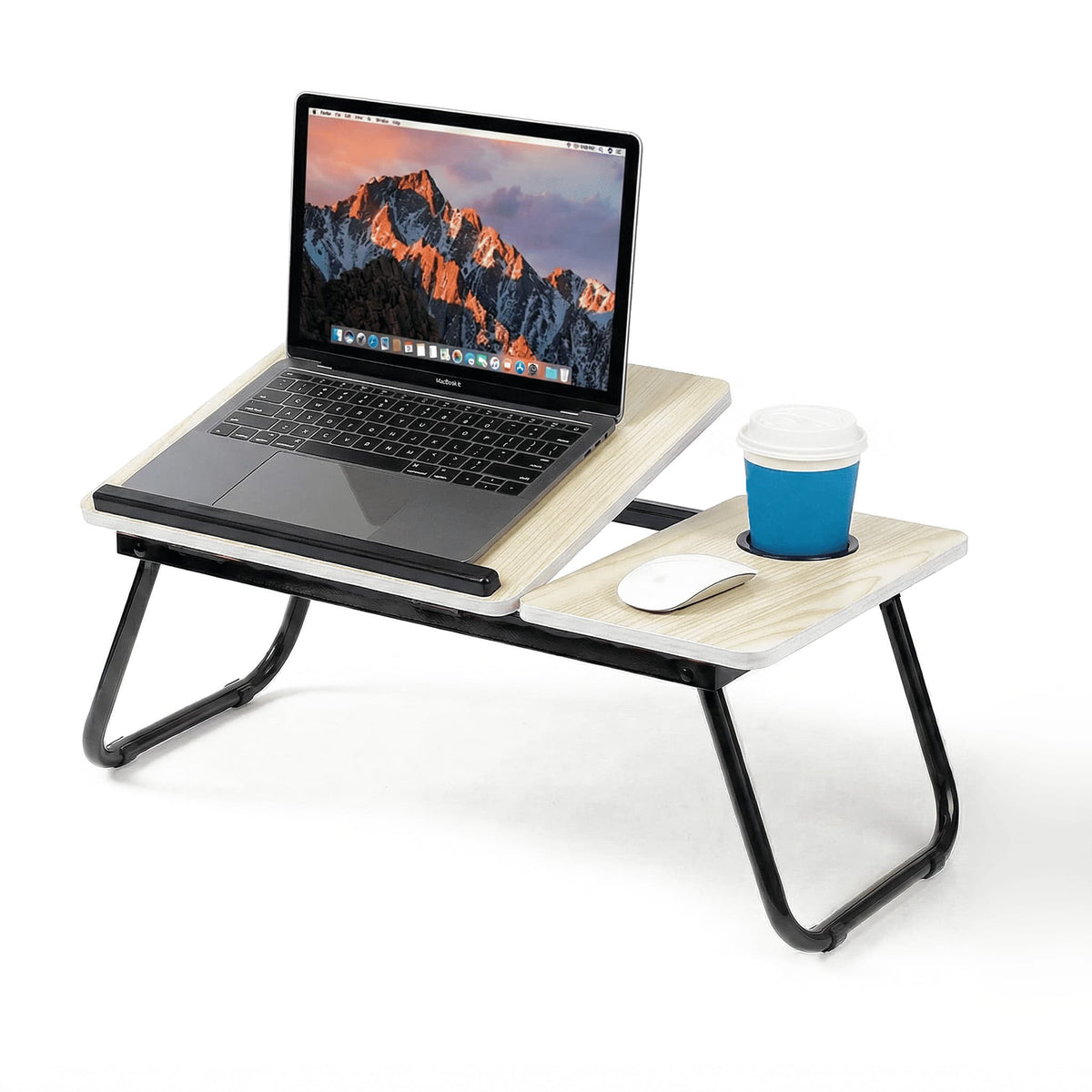 Mesa Plegable para Portátil con 5 Niveles de Inclinación Ajustable, Mesa para Cama y Sofá con Portavasos, Tope Antideslizante, Bandeja para Ratón, Escritorio Portátil Multifunción para Ordenador, Estudio, Trabajo, Lectura, Comer y Ver Series