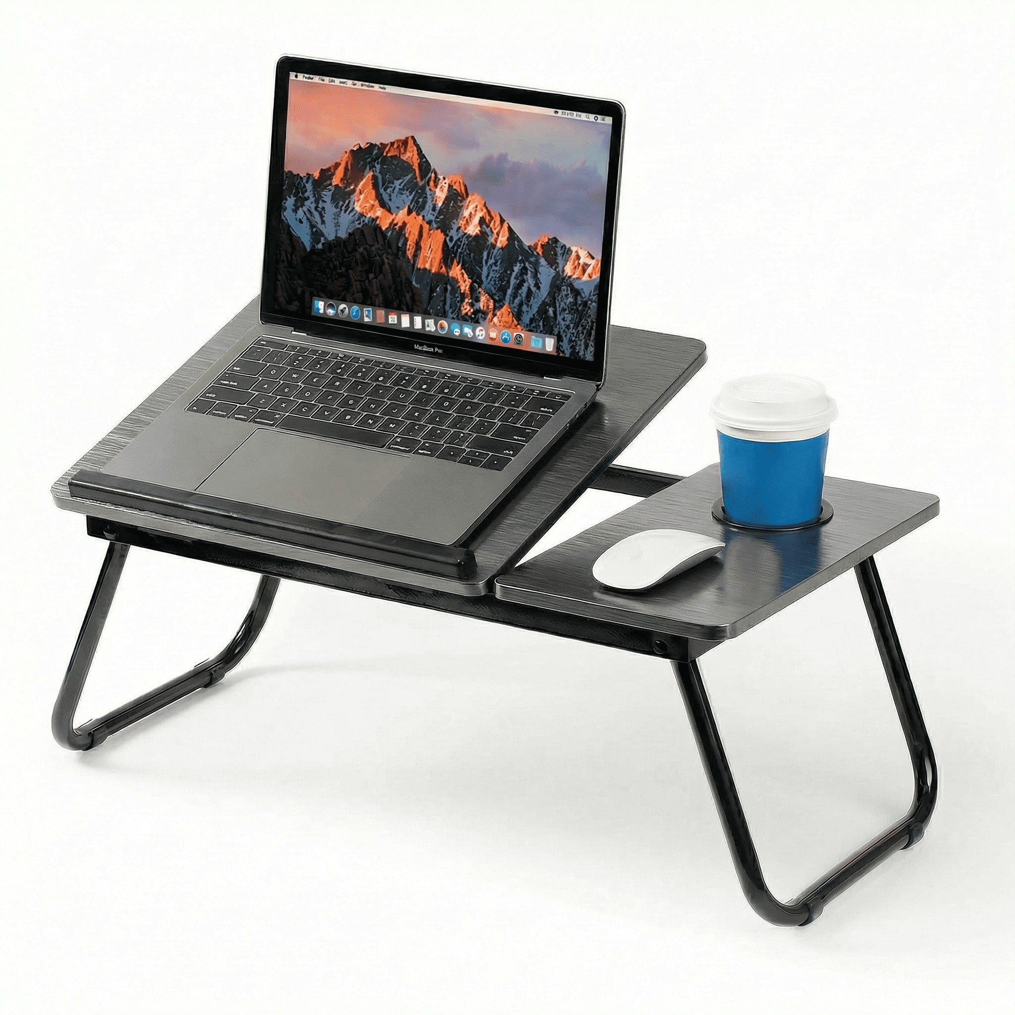 Mesa Plegable para Portátil con 5 Niveles de Inclinación Ajustable, Mesa para Cama y Sofá con Portavasos, Tope Antideslizante, Bandeja para Ratón, Escritorio Portátil Multifunción para Ordenador, Estudio, Trabajo, Lectura, Comer y Ver Series