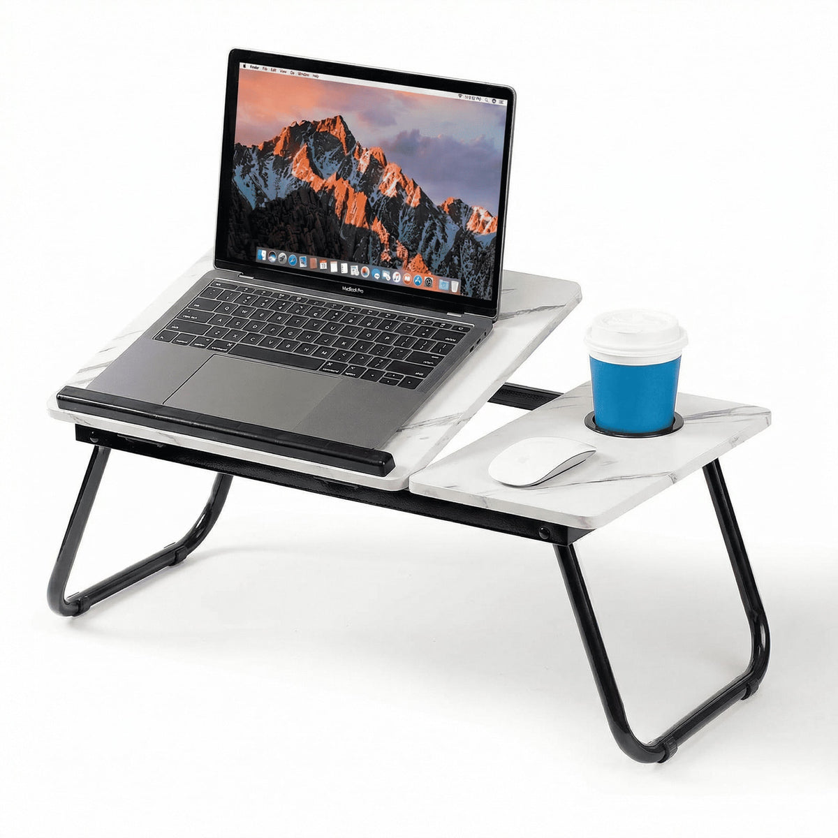 Mesa Plegable para Portátil con 5 Niveles de Inclinación Ajustable, Mesa para Cama y Sofá con Portavasos, Tope Antideslizante, Bandeja para Ratón, Escritorio Portátil Multifunción para Ordenador, Estudio, Trabajo, Lectura, Comer y Ver Series