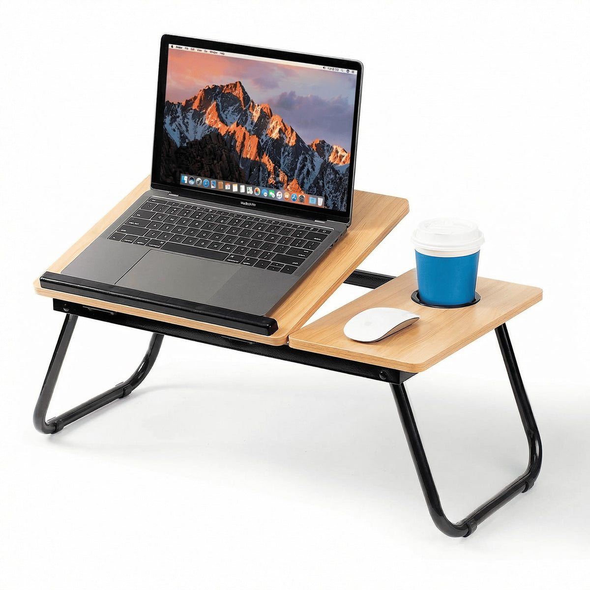 Mesa Plegable para Portátil con 5 Niveles de Inclinación Ajustable, Mesa para Cama y Sofá con Portavasos, Tope Antideslizante, Bandeja para Ratón, Escritorio Portátil Multifunción para Ordenador, Estudio, Trabajo, Lectura, Comer y Ver Series