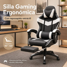 Silla Gaming Ergonómica con Altura Ajustable, Respaldo Reclinable 90°–135°, con  Reposapiés, Soporta hasta 150 kg, Cojines Lumbar y Cervical Desmontables, Reposabrazos Acolchados y Giro 360°