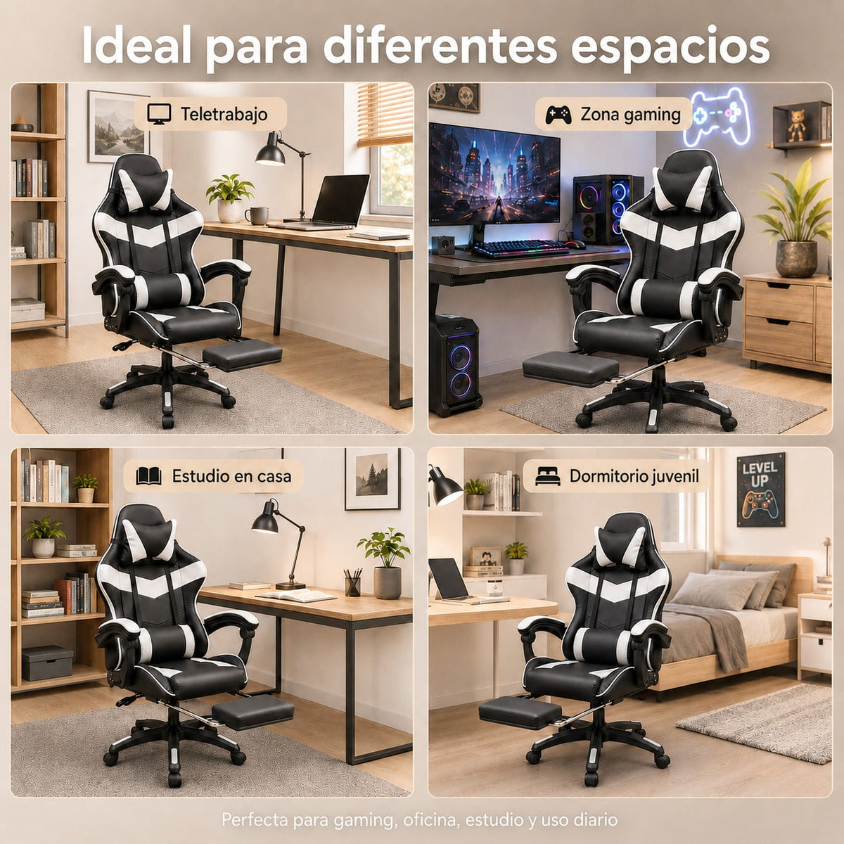Silla Gaming Ergonómica con Altura Ajustable, Respaldo Reclinable 90°–135°, con  Reposapiés, Soporta hasta 150 kg, Cojines Lumbar y Cervical Desmontables, Reposabrazos Acolchados y Giro 360°