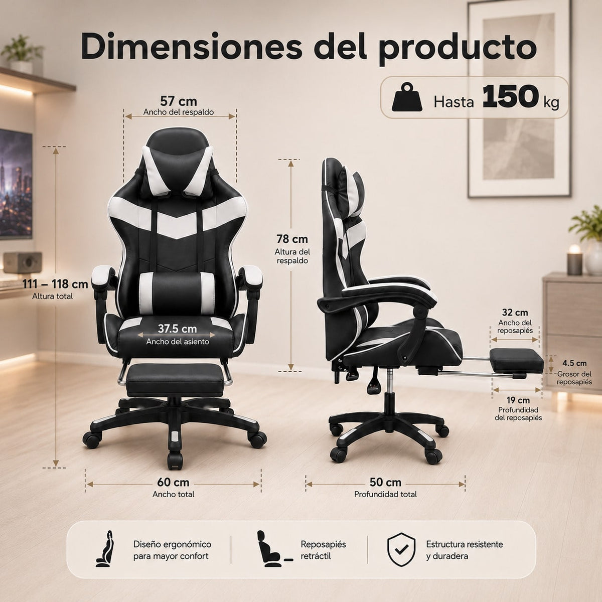 Silla Gaming Ergonómica con Altura Ajustable, Respaldo Reclinable 90°–135°, con  Reposapiés, Soporta hasta 150 kg, Cojines Lumbar y Cervical Desmontables, Reposabrazos Acolchados y Giro 360°
