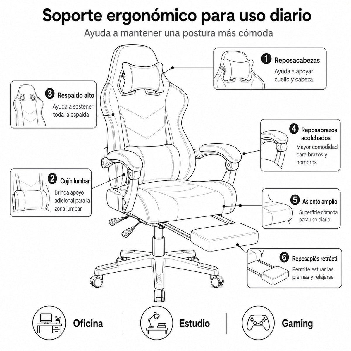 Silla Gaming Ergonómica con Altura Ajustable, Respaldo Reclinable 90°–135°, con  Reposapiés, Soporta hasta 150 kg, Cojines Lumbar y Cervical Desmontables, Reposabrazos Acolchados y Giro 360°