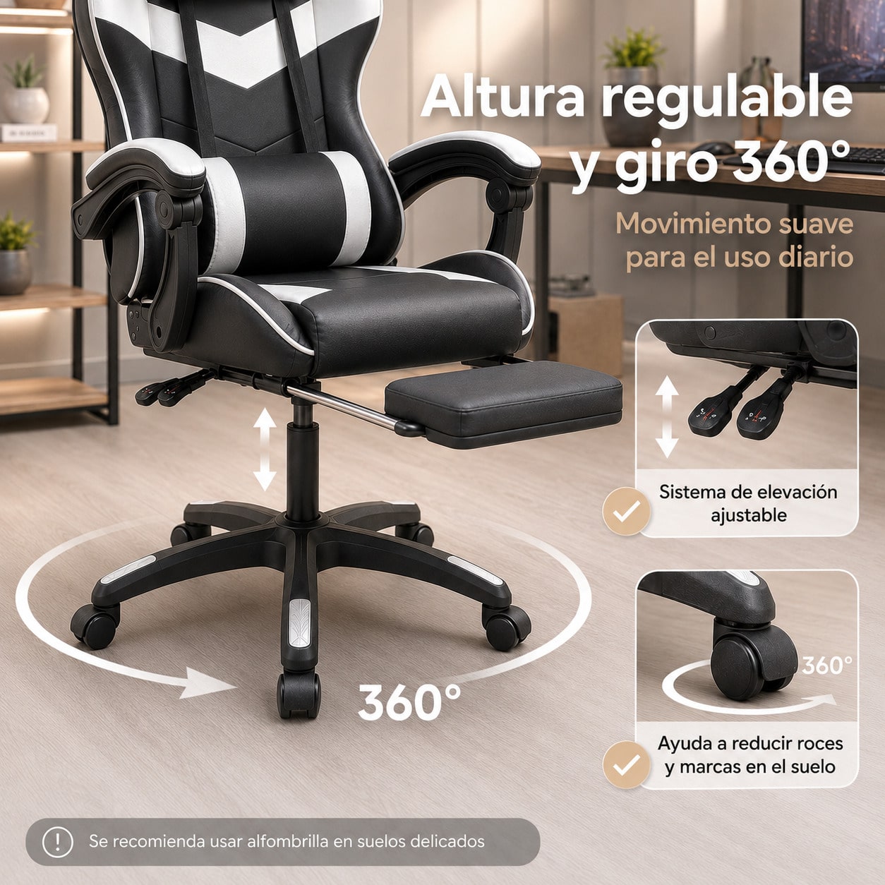 Silla Gaming Ergonómica con Altura Ajustable, Respaldo Reclinable 90°–135°, con  Reposapiés, Soporta hasta 150 kg, Cojines Lumbar y Cervical Desmontables, Reposabrazos Acolchados y Giro 360°