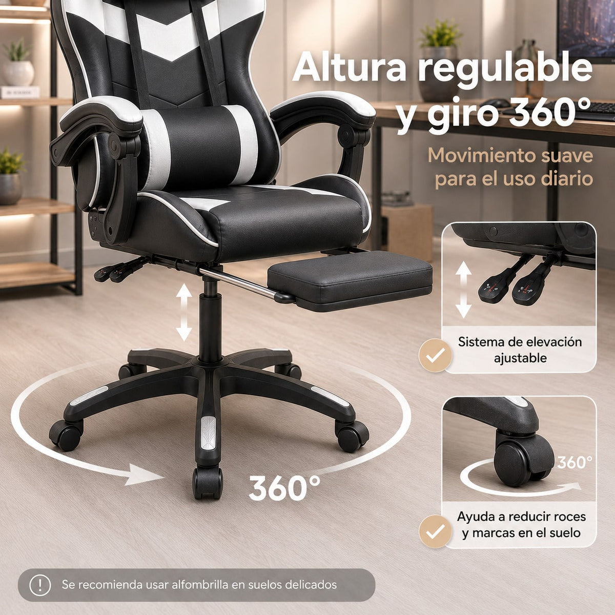 Silla Gaming Ergonómica con Altura Ajustable, Respaldo Reclinable 90°–135°, con  Reposapiés, Soporta hasta 150 kg, Cojines Lumbar y Cervical Desmontables, Reposabrazos Acolchados y Giro 360°