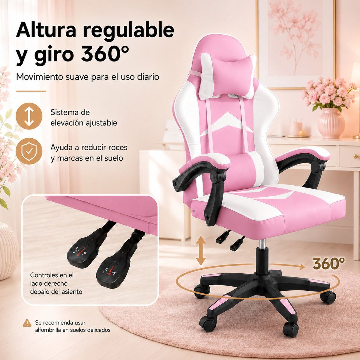 Silla Gaming Ergonómica con Altura Ajustable, Respaldo Reclinable 90°–135°, sin Reposapiés, Soporta hasta 150 kg, Cojines Lumbar y Cervical Desmontables, Reposabrazos Acolchados y Giro 360°