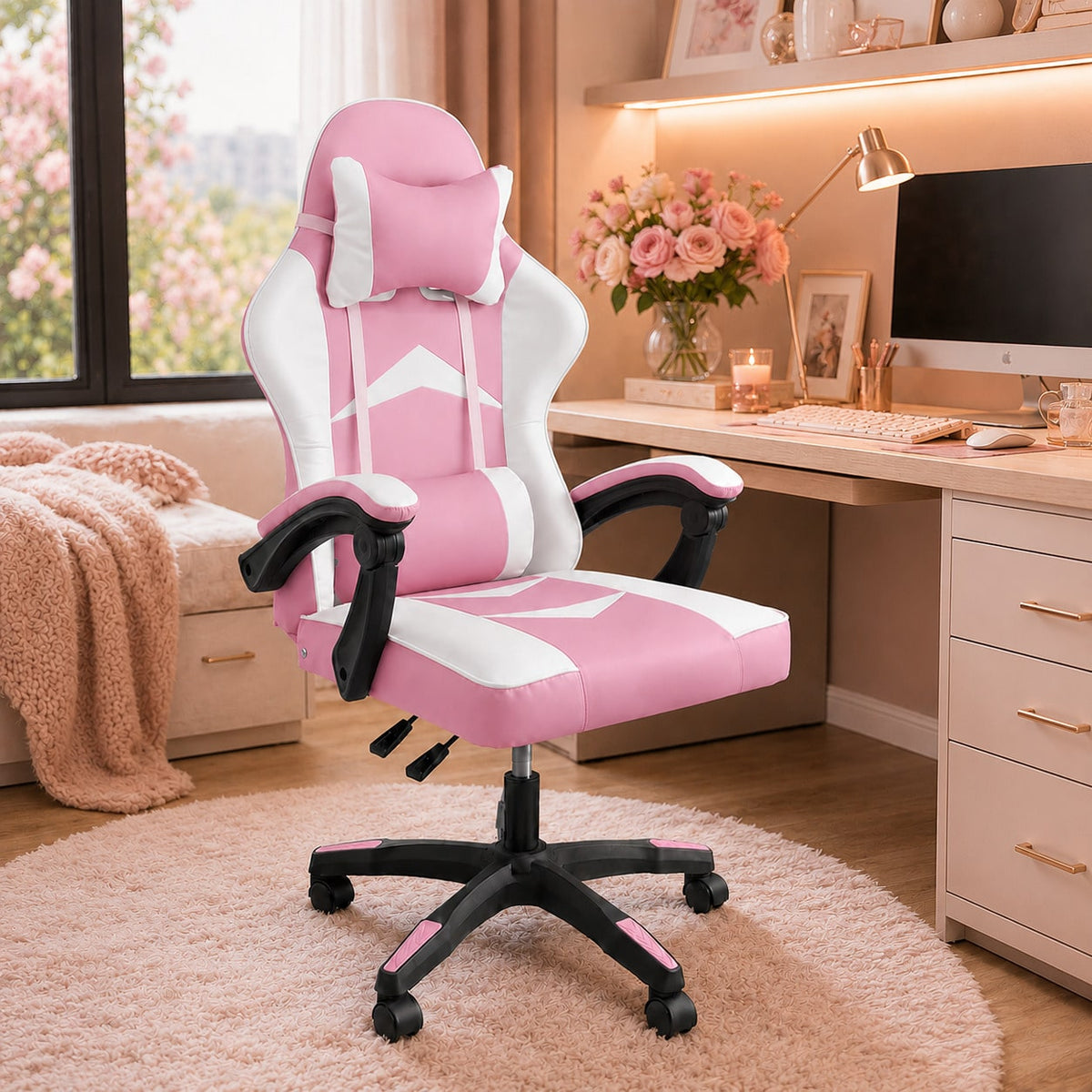 Silla Gaming Ergonómica con Altura Ajustable, Respaldo Reclinable 90°–135°, sin Reposapiés, Soporta hasta 150 kg, Cojines Lumbar y Cervical Desmontables, Reposabrazos Acolchados y Giro 360°