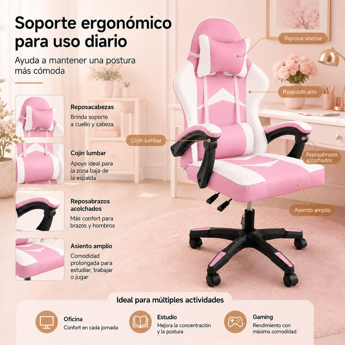 Silla Gaming Ergonómica con Altura Ajustable, Respaldo Reclinable 90°–135°, sin Reposapiés, Soporta hasta 150 kg, Cojines Lumbar y Cervical Desmontables, Reposabrazos Acolchados y Giro 360°