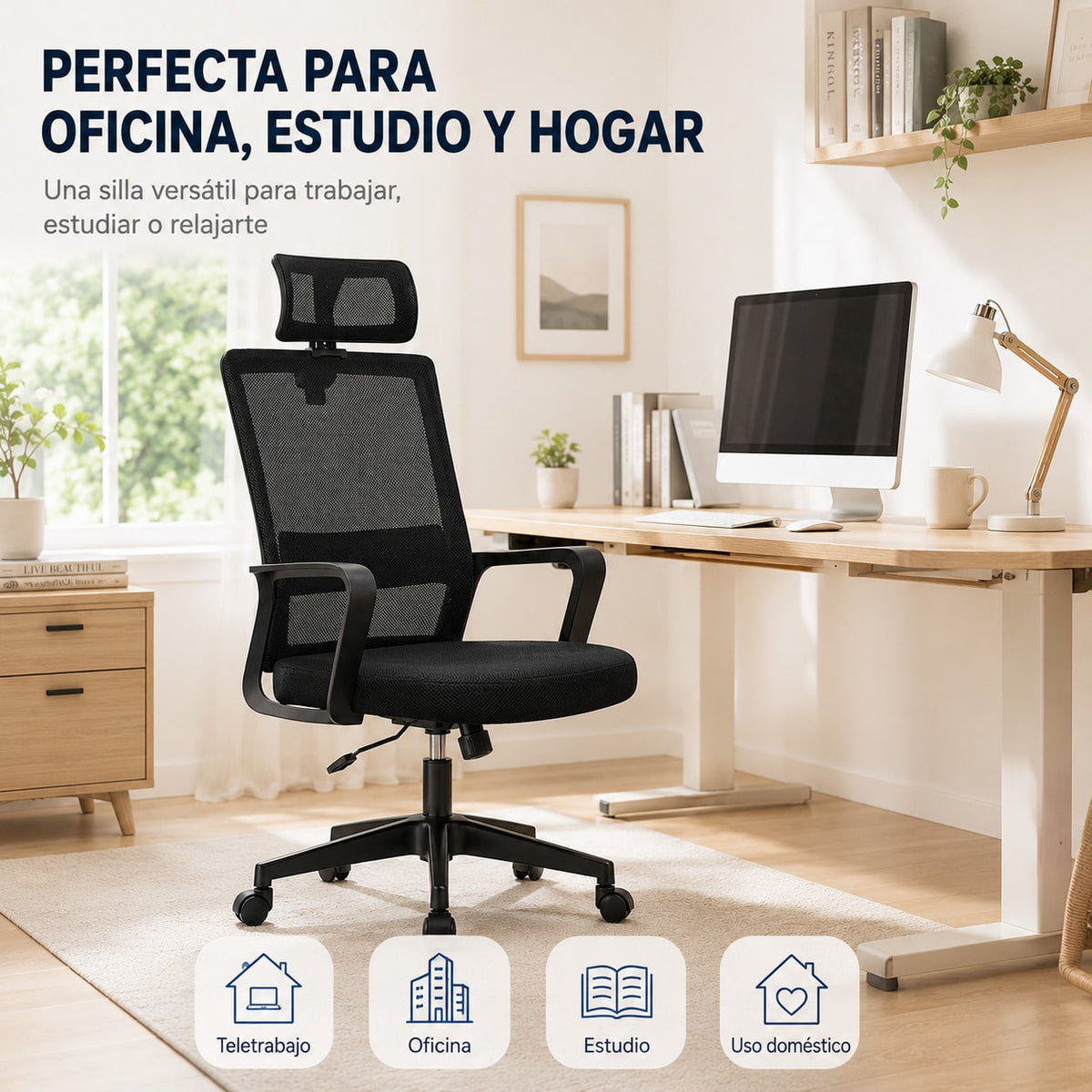 Silla de Escritorio Ergonómica, Silla de Oficina con Reposacabezas Ajustable, Soporte Lumbar, Respaldo de Malla Transpirable, Asiento Acolchado, Altura Regulable, Giro 360°, Función Basculante y Ruedas Silenciosas