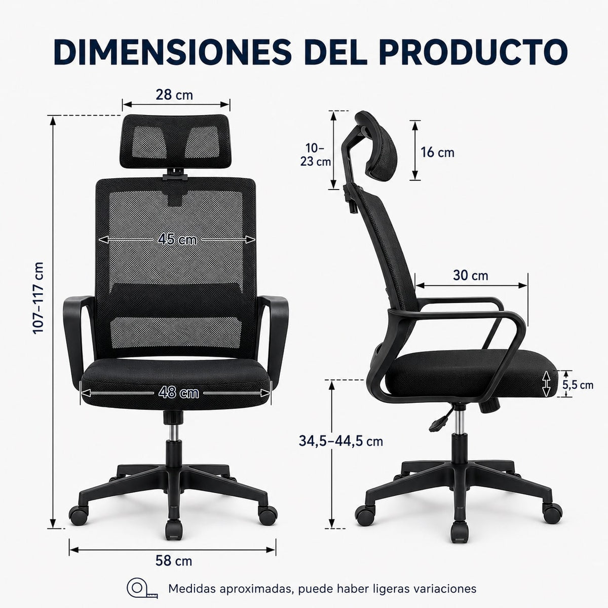 Silla de Escritorio Ergonómica, Silla de Oficina con Reposacabezas Ajustable, Soporte Lumbar, Respaldo de Malla Transpirable, Asiento Acolchado, Altura Regulable, Giro 360°, Función Basculante y Ruedas Silenciosas