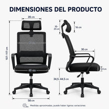 Silla de Escritorio Ergonómica, Silla de Oficina con Reposacabezas Ajustable, Soporte Lumbar, Respaldo de Malla Transpirable, Asiento Acolchado, Altura Regulable, Giro 360°, Función Basculante y Ruedas Silenciosas