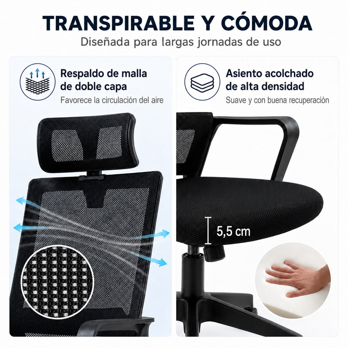 Silla de Escritorio Ergonómica, Silla de Oficina con Reposacabezas Ajustable, Soporte Lumbar, Respaldo de Malla Transpirable, Asiento Acolchado, Altura Regulable, Giro 360°, Función Basculante y Ruedas Silenciosas