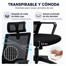 Silla de Escritorio Ergonómica, Silla de Oficina con Reposacabezas Ajustable, Soporte Lumbar, Respaldo de Malla Transpirable, Asiento Acolchado, Altura Regulable, Giro 360°, Función Basculante y Ruedas Silenciosas