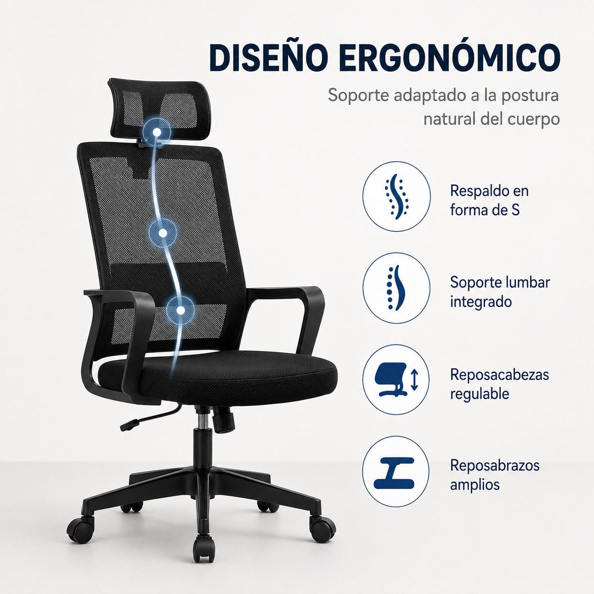Silla de Escritorio Ergonómica, Silla de Oficina con Reposacabezas Ajustable, Soporte Lumbar, Respaldo de Malla Transpirable, Asiento Acolchado, Altura Regulable, Giro 360°, Función Basculante y Ruedas Silenciosas